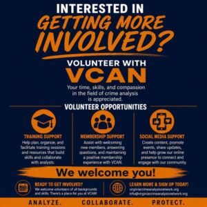Poster inviting people to volunteer with VCAN, highlighting training, membership, and social media support opportunities in orange text on dark blue background, with 'We welcome you!' banner.
