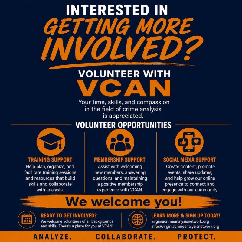 Poster inviting people to volunteer with VCAN, highlighting training, membership, and social media support opportunities in orange text on dark blue background, with 'We welcome you!' banner.